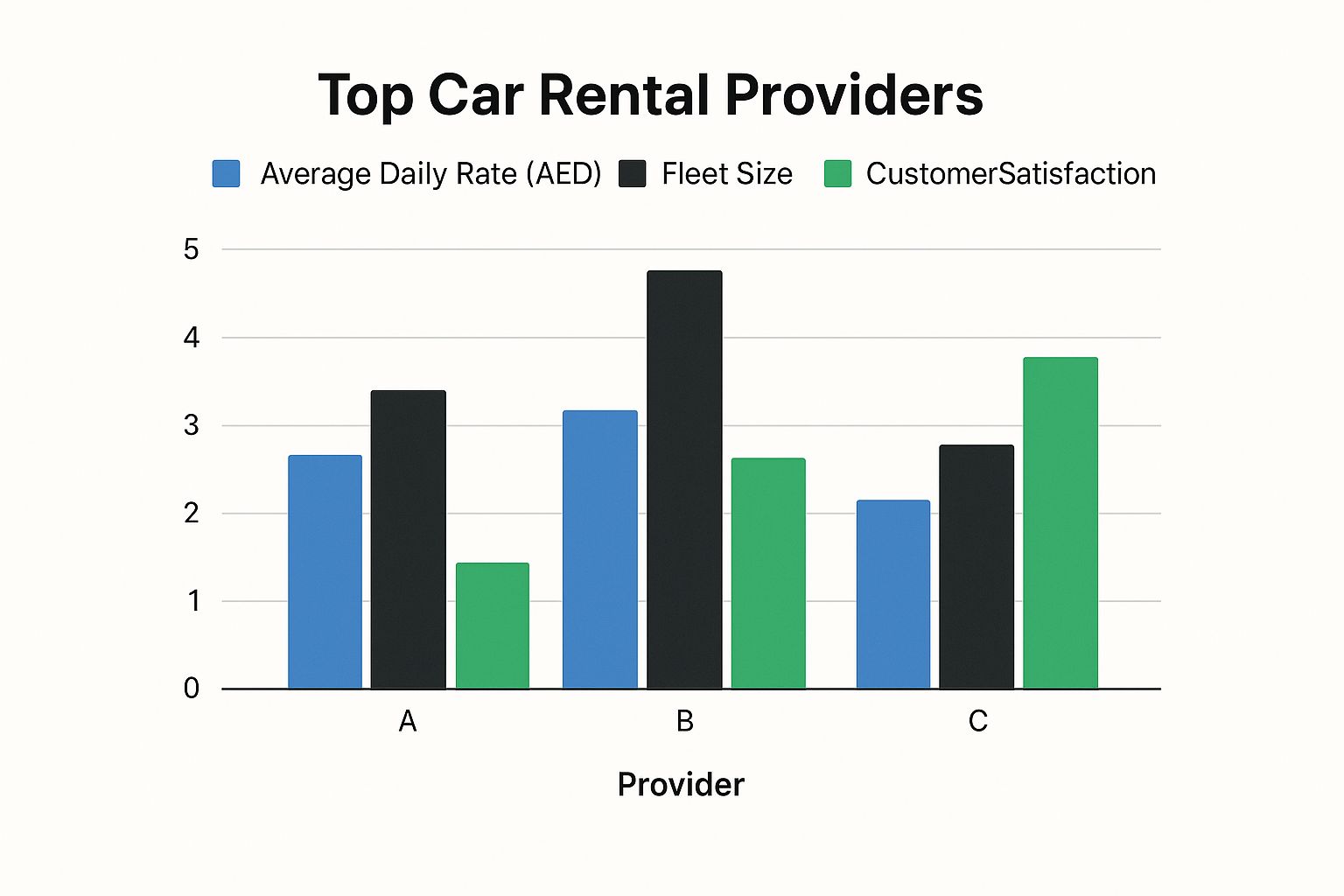 Infographic comparing average daily rates, fleet size, and customer satisfaction for top Dubai car rental providers.