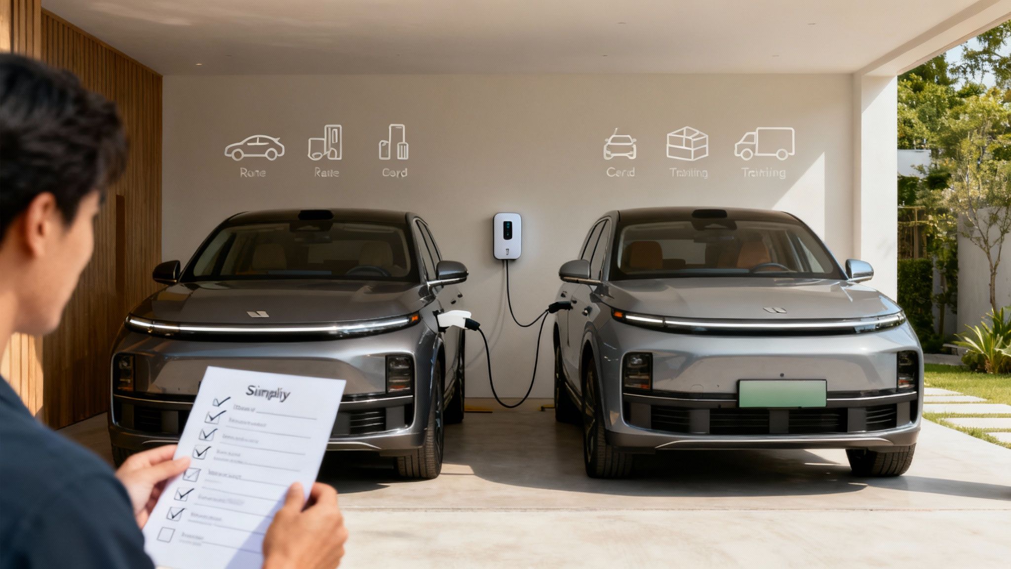 Une femme réfléchissant au choix de son SUV hybride rechargeable.