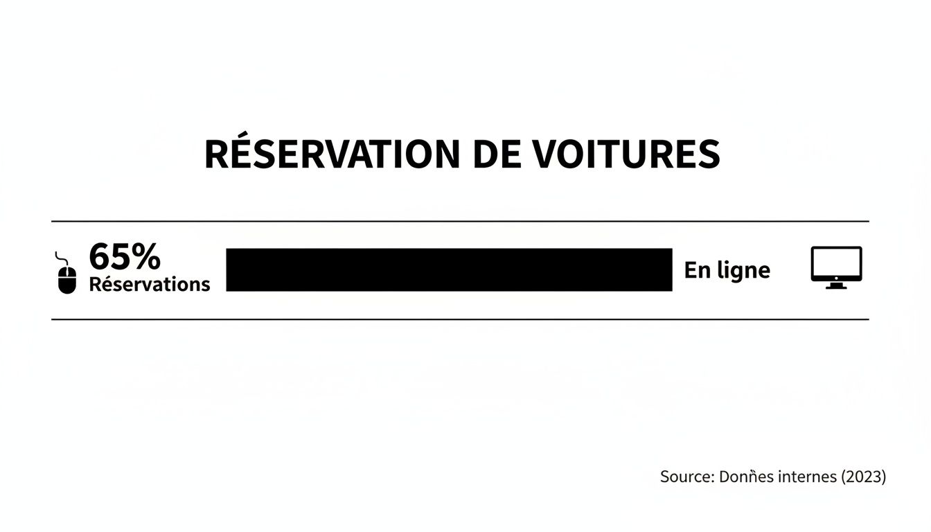 Infographie montrant que 65% des réservations de voitures sont effectuées en ligne, source : données internes 2023.