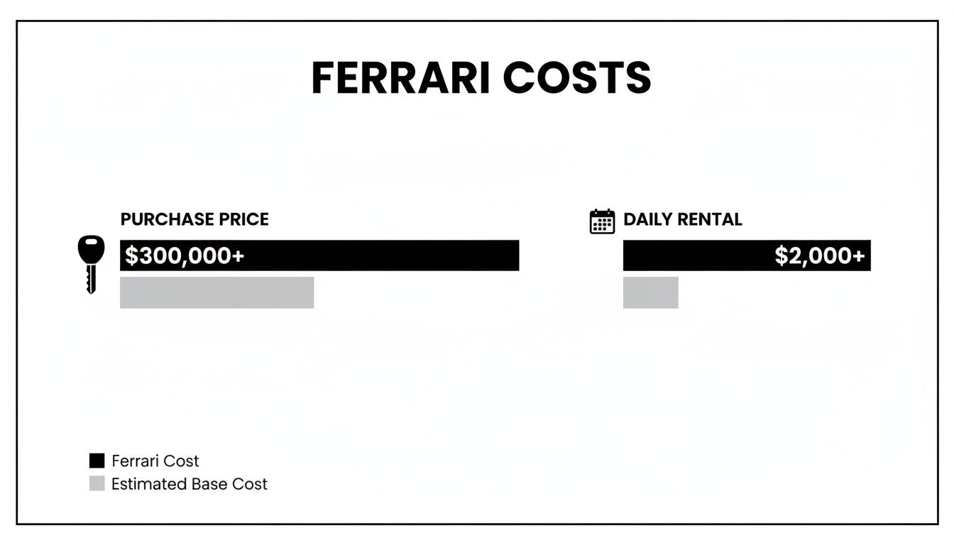 A bar chart illustrating Ferrari purchase price and daily rental costs compared to estimated base costs.