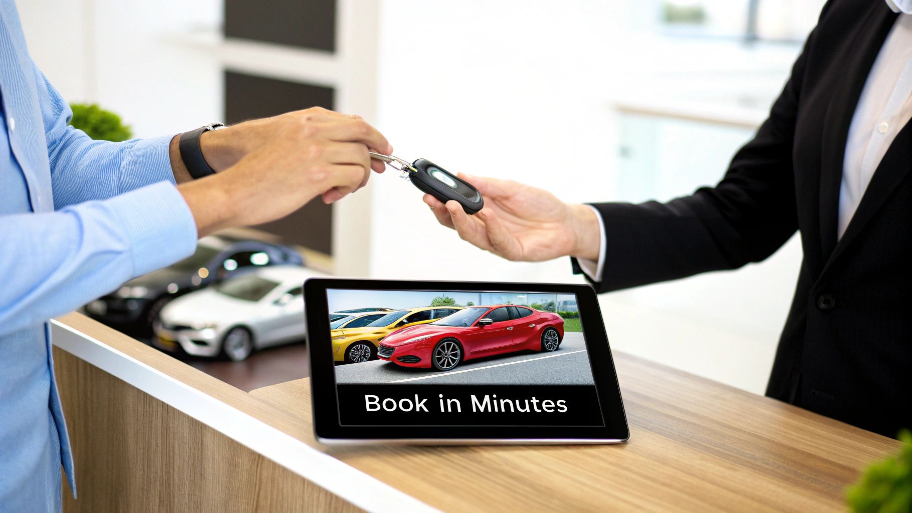 Two people exchanging car keys over a counter with a tablet displaying 'Book in Minutes' and luxury cars.
