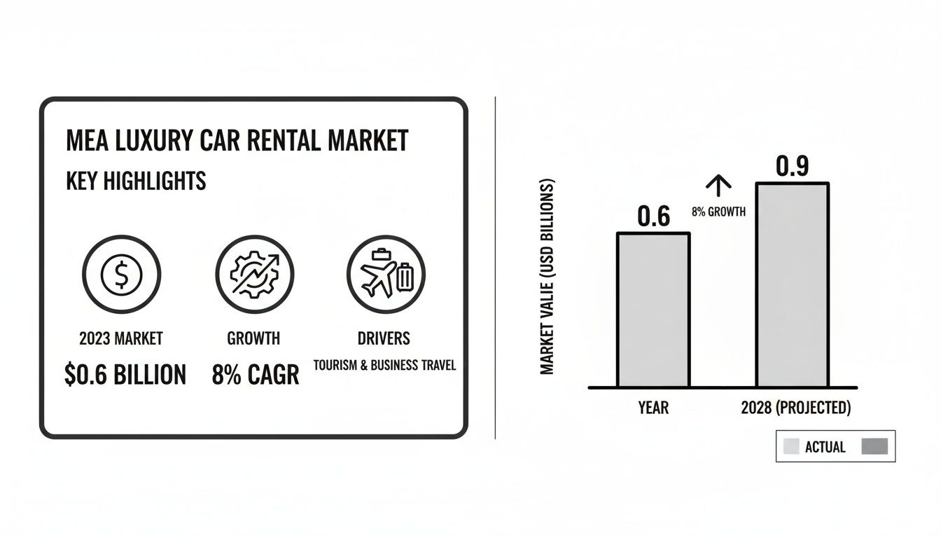 Infographic: MEA luxury car rental market highlights, showing 2023 value, 8% CAGR, and 2028 projections.
