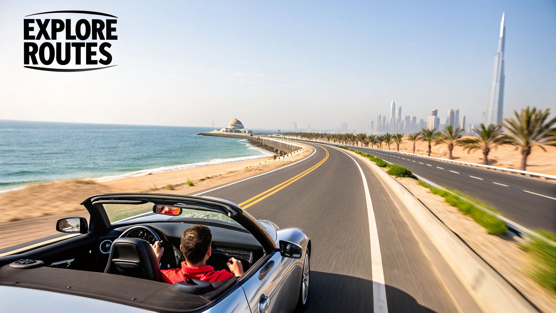 A red convertible driving with the Dubai skyline in the background