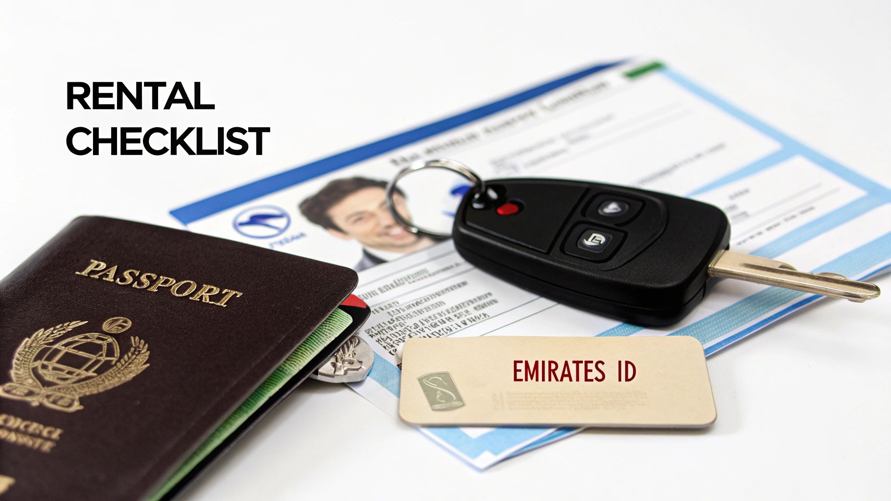 A rental checklist with a passport, car key, document with a photo, and Emirates ID.