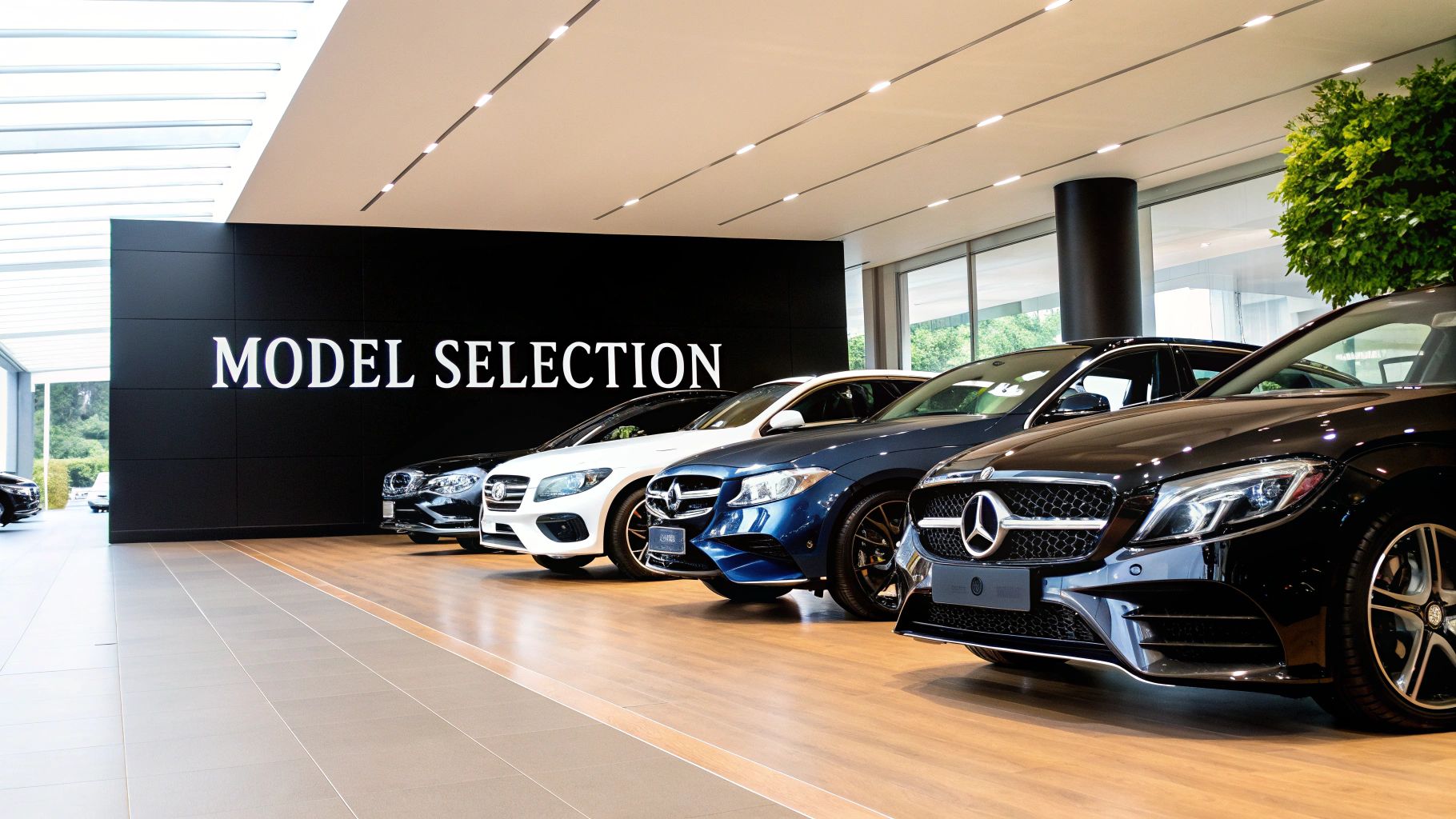 A person receiving keys to a white Mercedes-Benz from a rental agent