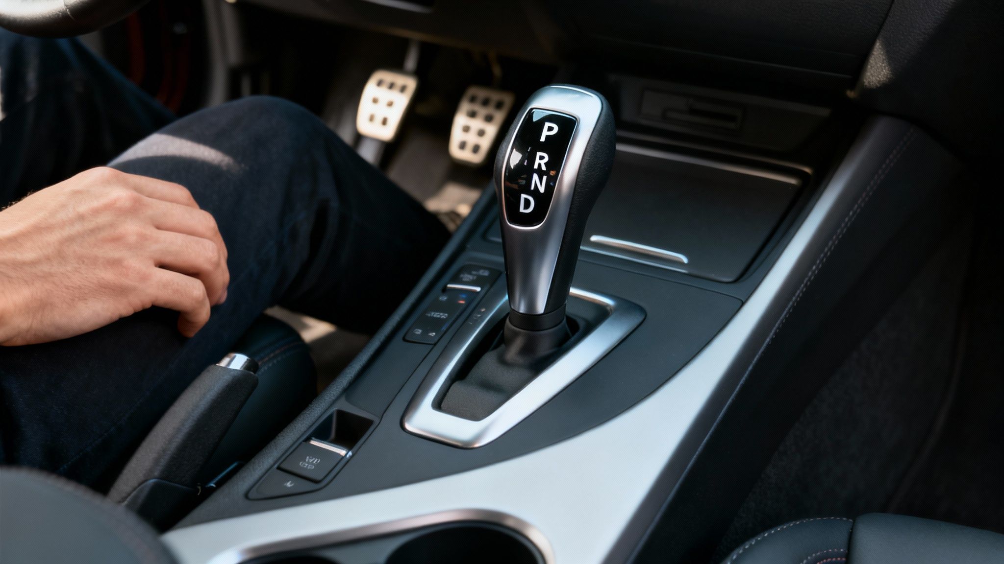 Volant et levier de vitesses d'une voiture automatique moderne