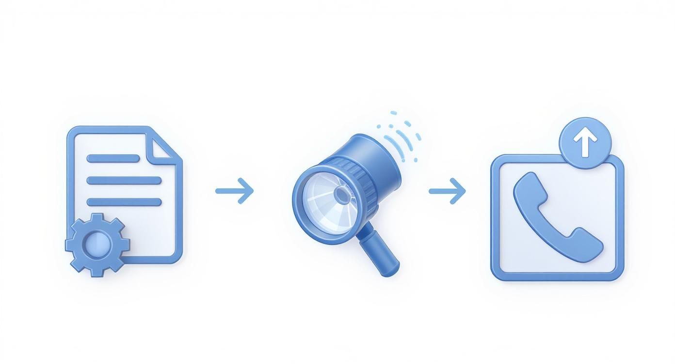 Infographie montrant le processus en 3 étapes pour prendre sa voiture de location : Documents, Inspection et Photos.