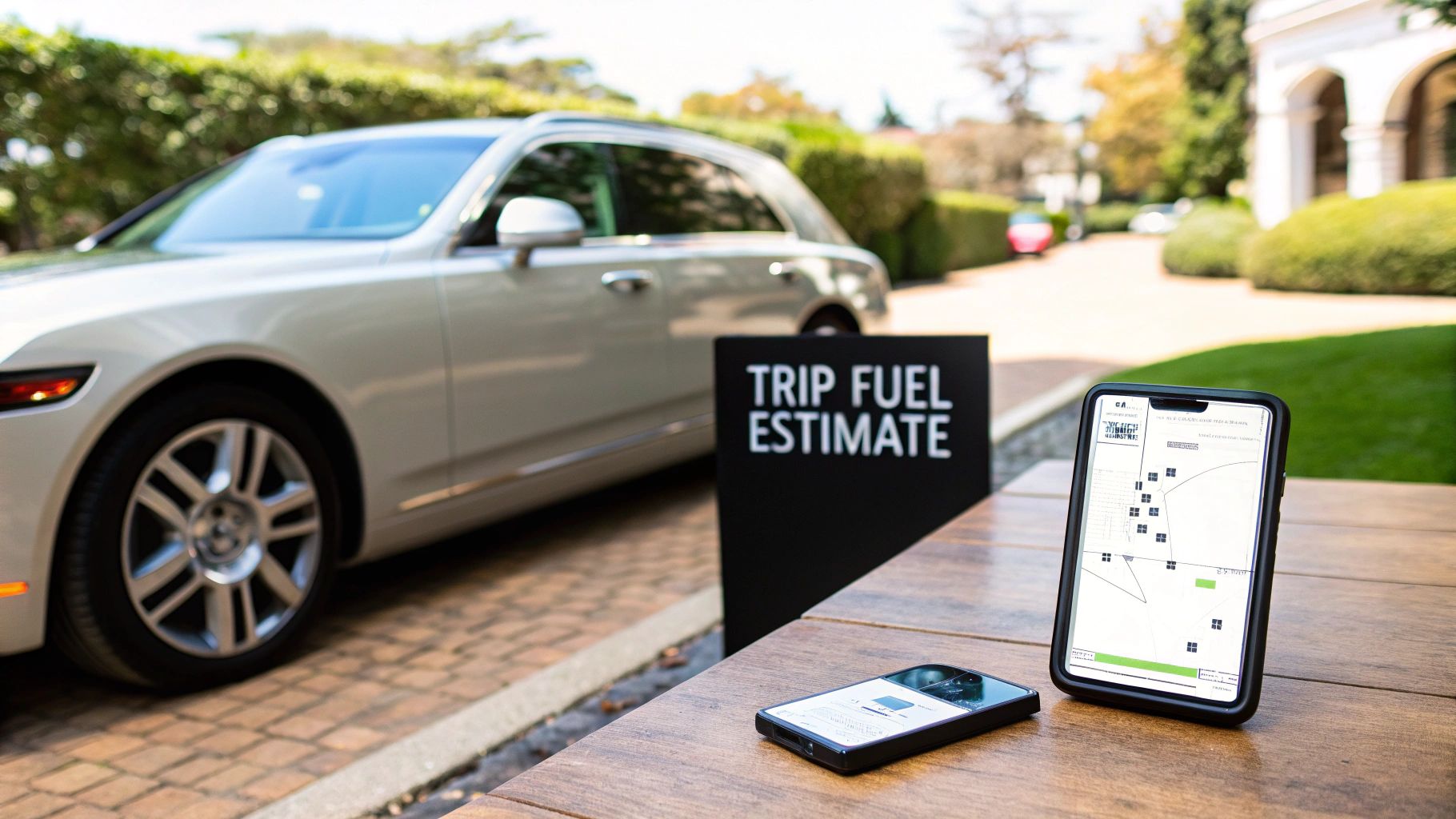 A white luxury car parked next to a sign for 'Trip Fuel Estimate' and two smartphones on a wooden table.