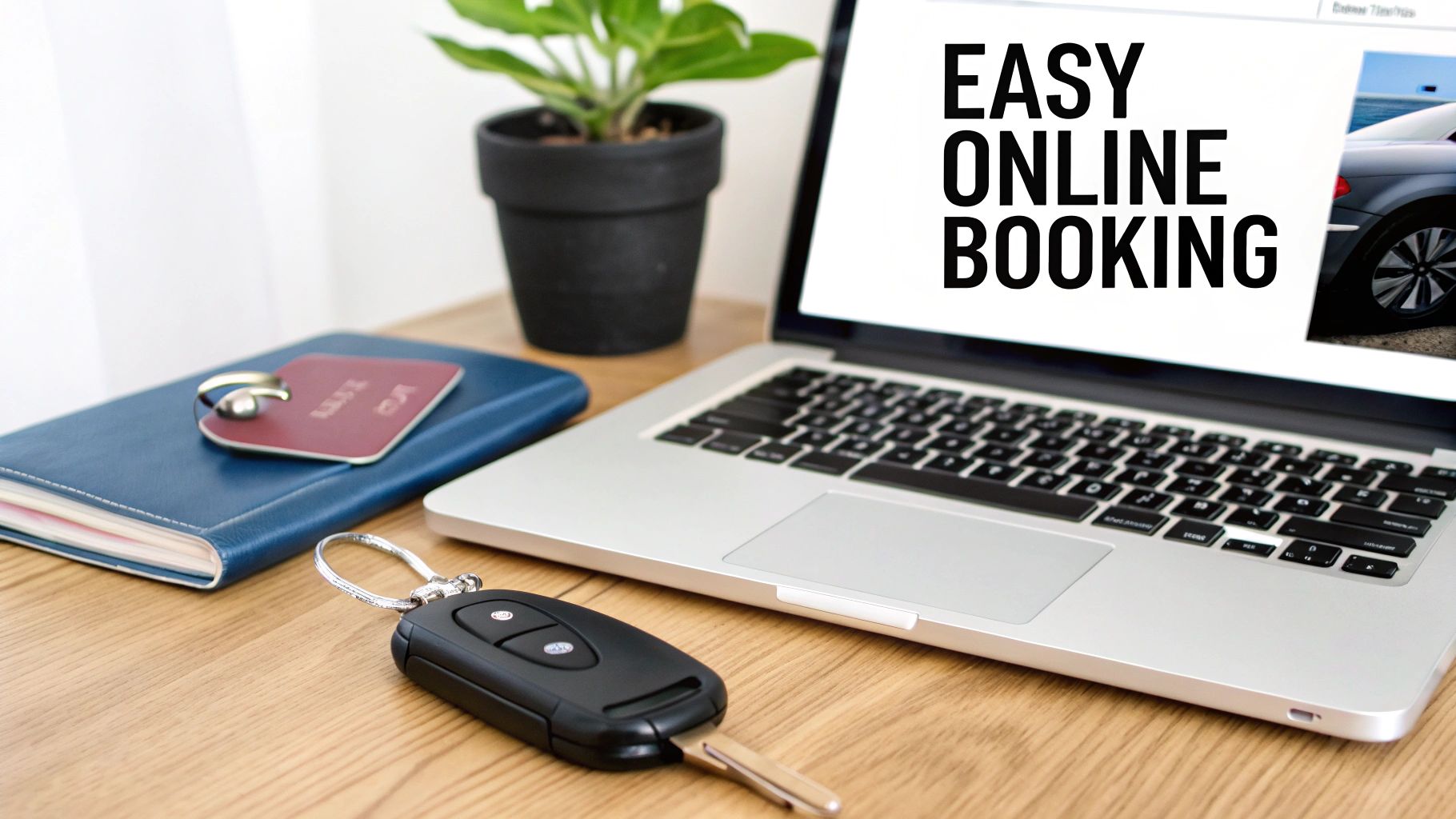 A car key, notebook, and laptop displaying 'EASY ONLINE BOOKING' on a wooden desk.
