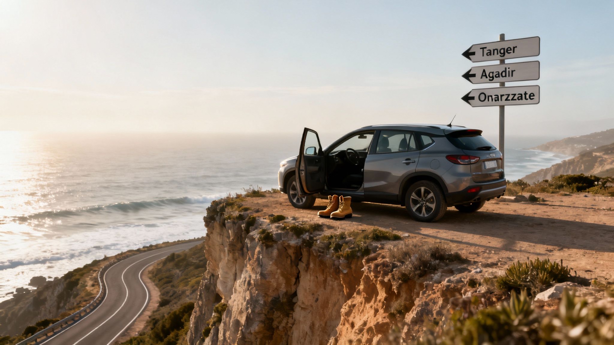 Voiture SUV garée sur une falaise côtière avec panneaux directionnels vers Tanger, Agadir et Ouarzzate au Maroc