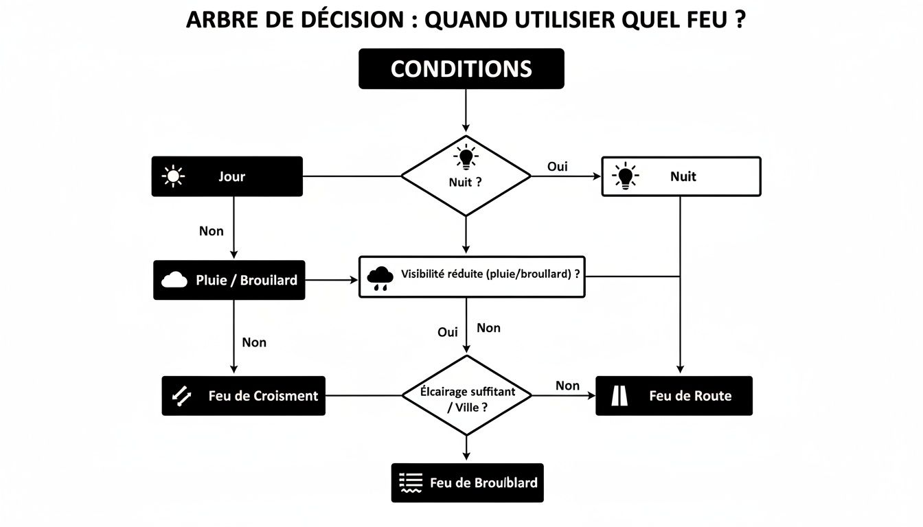 Arbre de décision expliquant quand utiliser les feux de voiture (jour, nuit, pluie, brouillard).