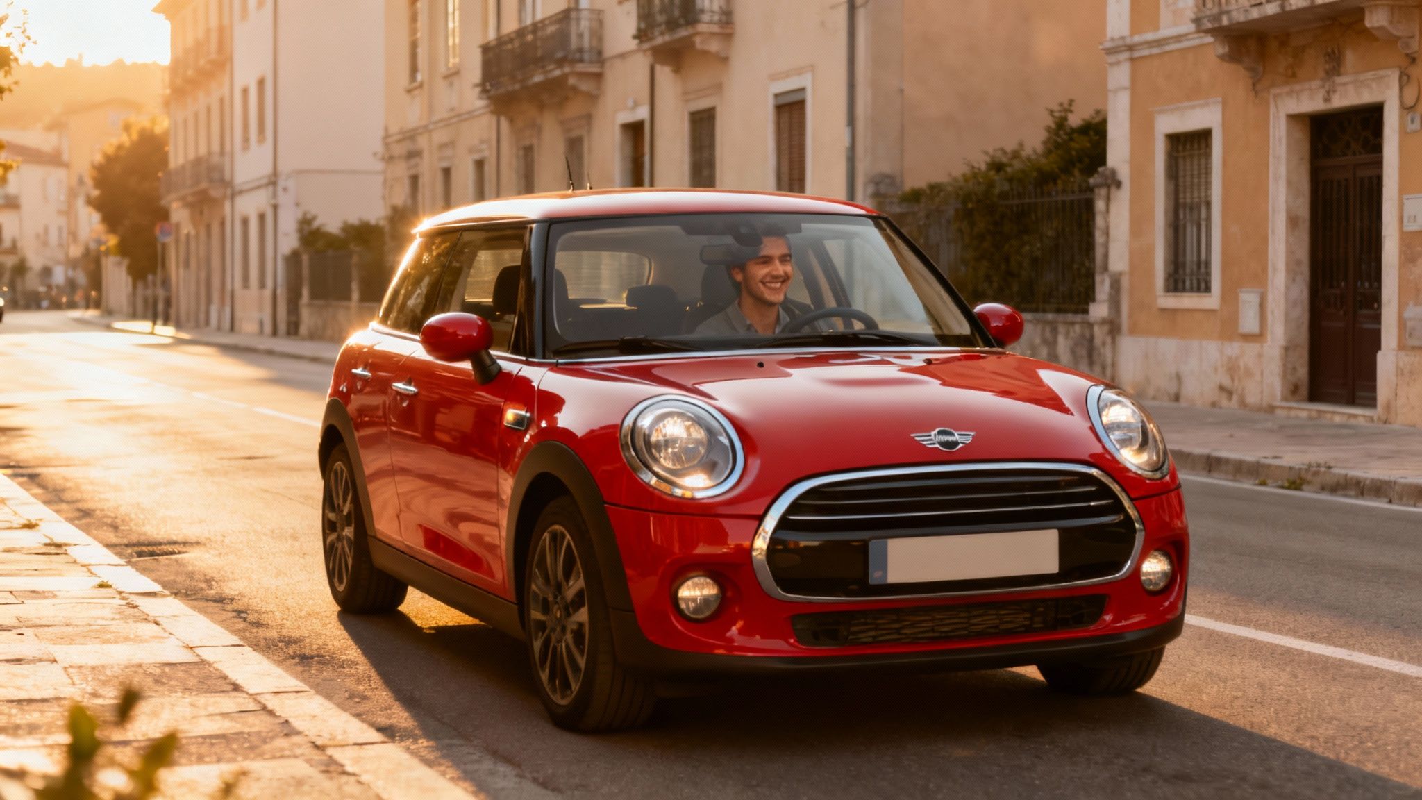 Une Mini Cooper de couleur rouge vif garée dans une rue de ville pitresque
