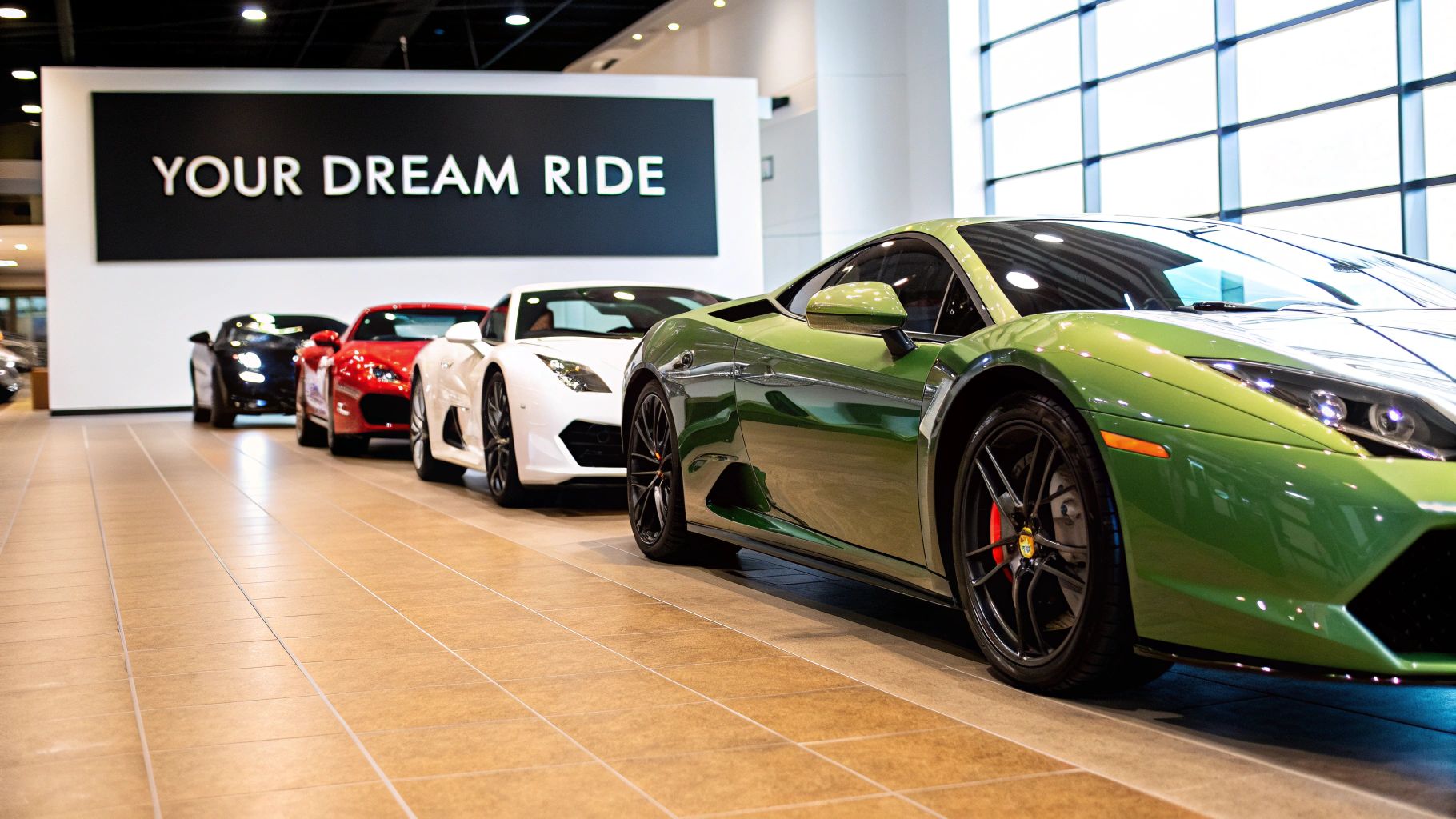 A red Ferrari parked in front of a modern Dubai building