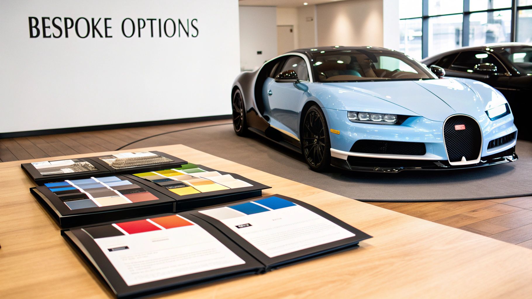A light blue Bugatti Chiron displayed in a luxury showroom with bespoke customization options on a table.
