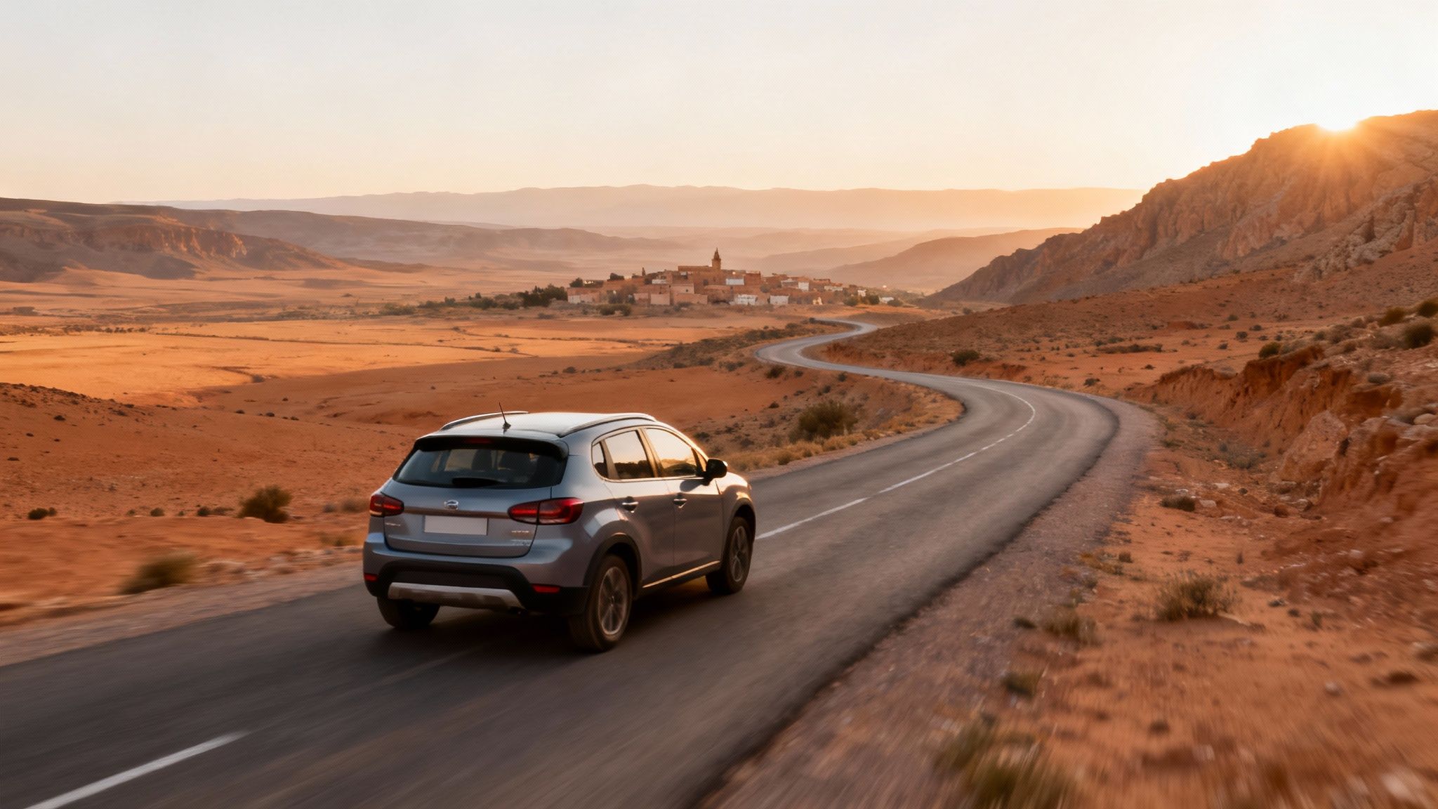 Un SUV gris roule sur une route sinueuse traversant un paysage désertique, un village au loin, au coucher du soleil.