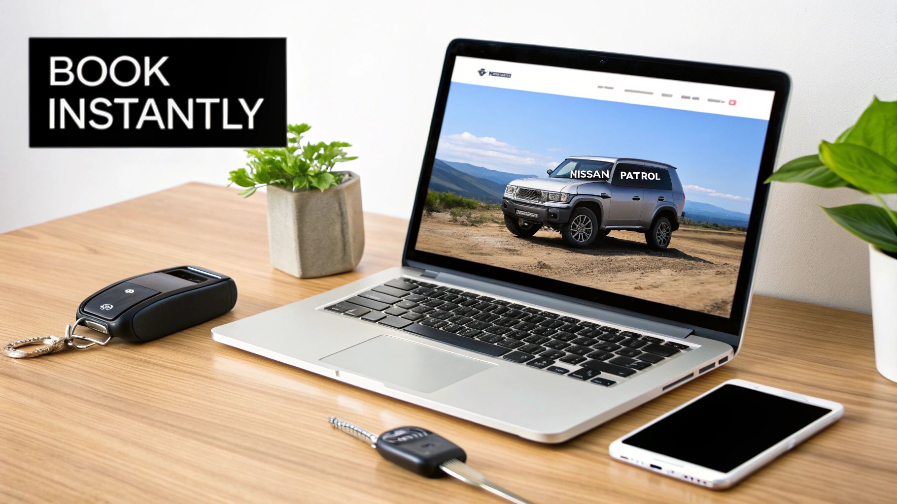 Your Guide to Rent a Car Nissan Patrol in Dubai 2 Laptop displaying Nissan Patrol car rental website on a wooden desk with car keys and a smartphone.