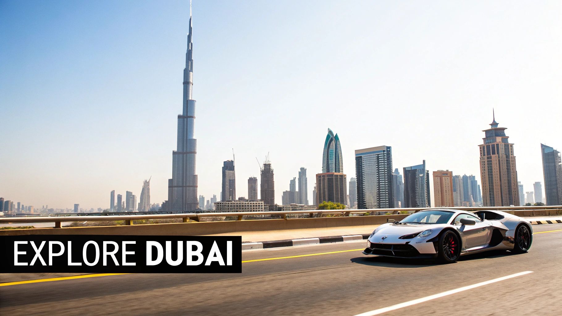 How to Rent an Exotic Car in Dubai: rent a exotic car the Right Way 4 A sleek silver supercar drives on a highway overlooking the iconic Dubai skyline with the Burj Khalifa.