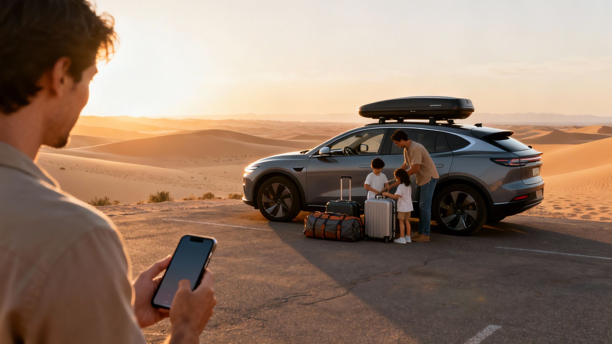 Un homme utilise son téléphone, observant une famille avec une voiture électrique et des bagages devant un désert au coucher du soleil.