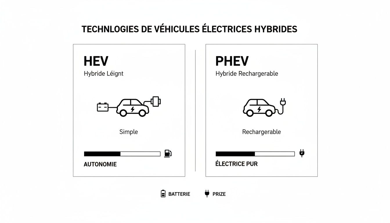 Infographie comparant les technologies de véhicules hybrides (HEV) et hybrides rechargeables (PHEV), leurs modes de recharge et d'autonomie.