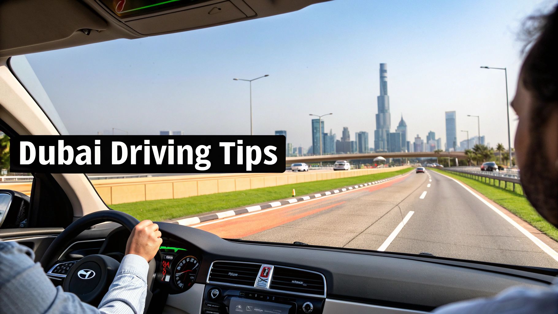 A person driving a car on a multi-lane highway in Dubai, with modern city skyscrapers including the Burj Khalifa visible in the background.
