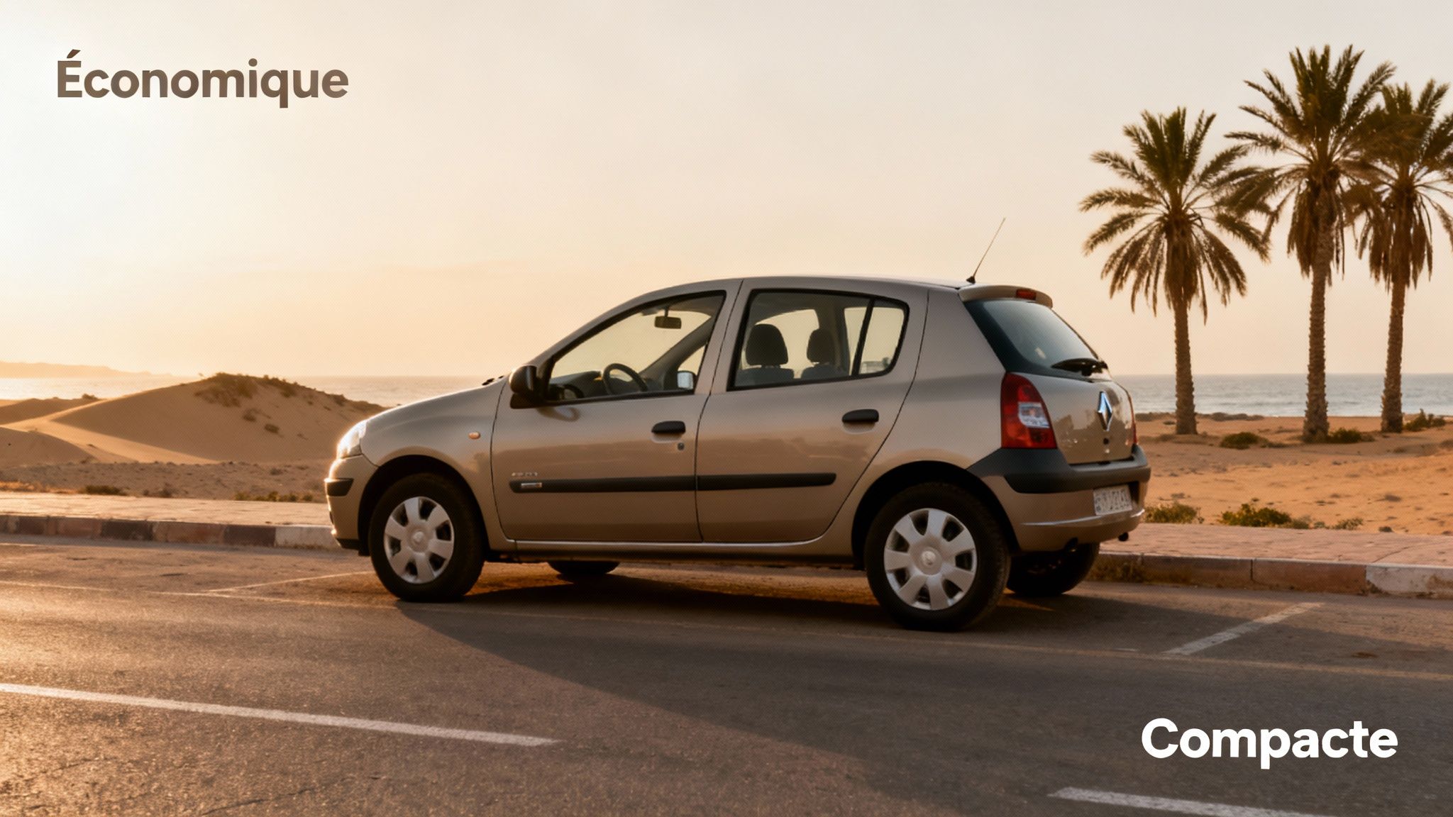 Une voiture compacte beige est garée au coucher du soleil sur une route près de la plage avec des dunes et des palmiers.