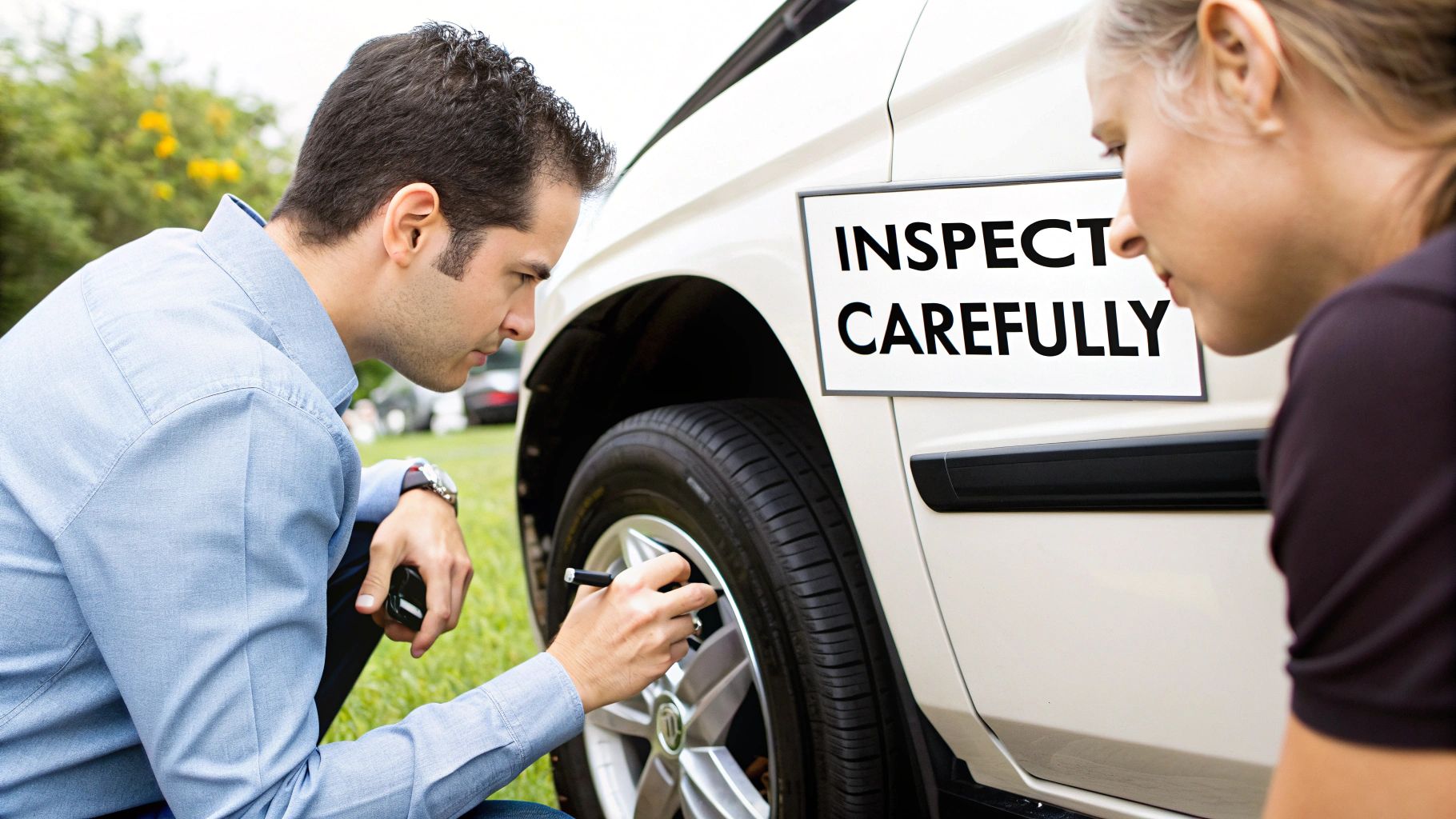 Your Insider Guide to Exotic Car Rent in Dubai 2 A man meticulously inspects a white car's wheel, observed by a woman, with a 'INSPECT CAREFULLY' sign.