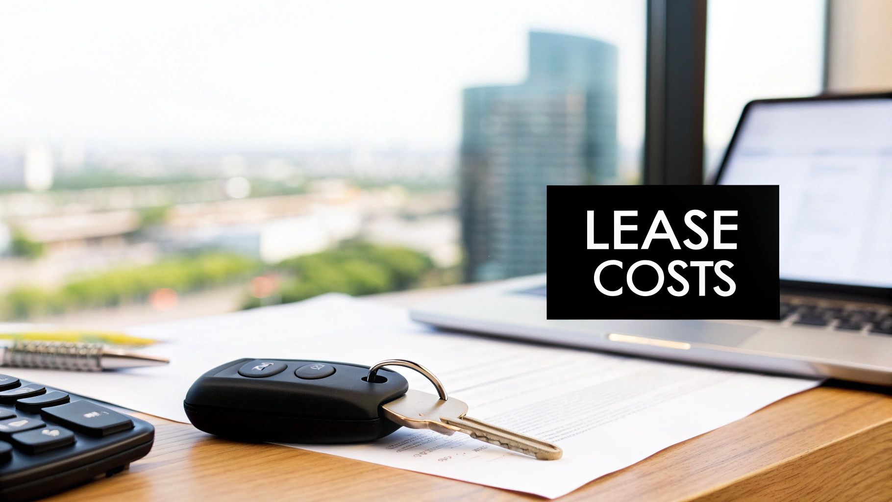 A desk with car keys, documents, a calculator, and a laptop displaying 'LEASE COSTS' against a city backdrop.