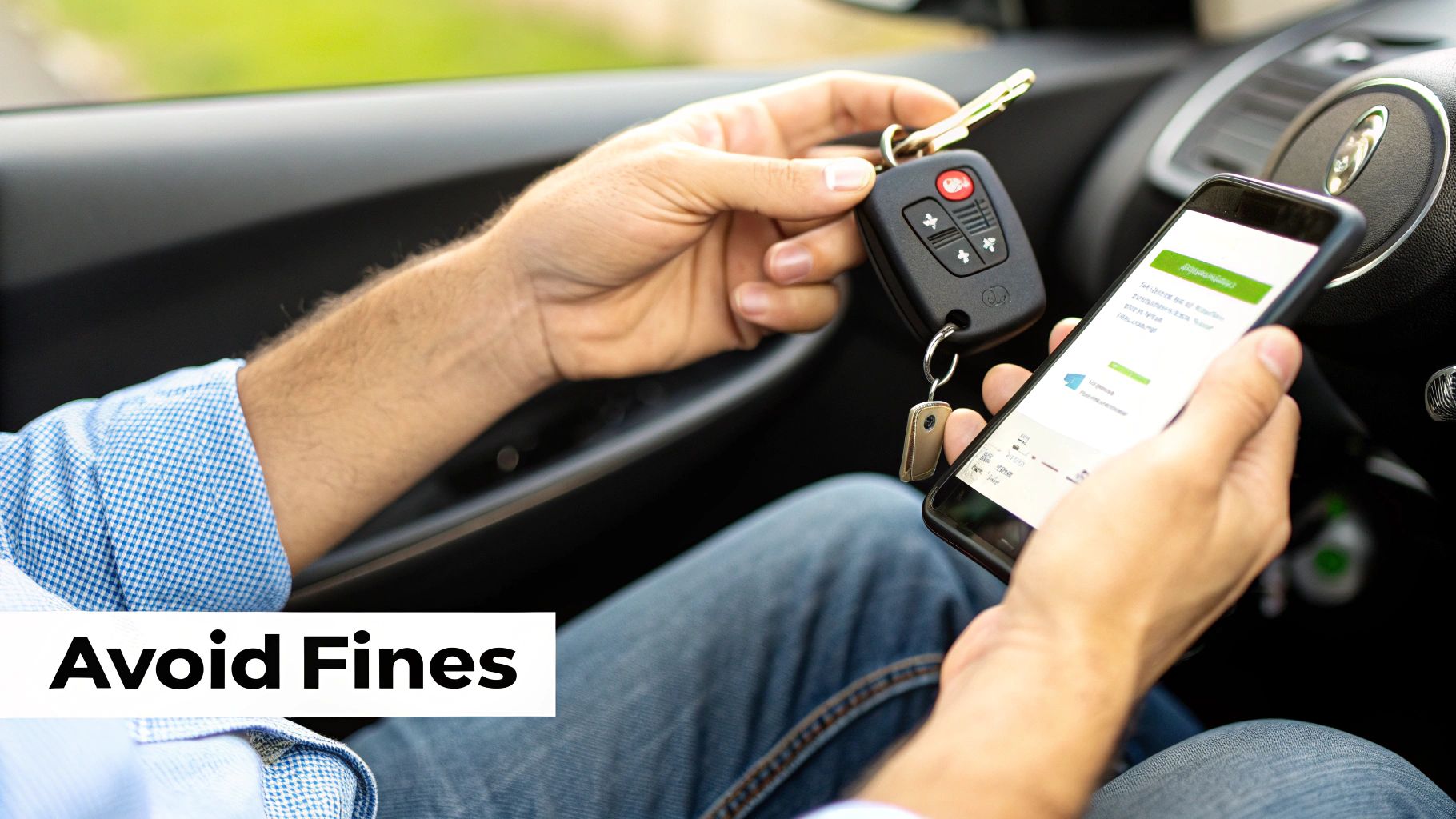 Person in a car holding keys and a smartphone displaying an app, with 'Avoid Fines' text.