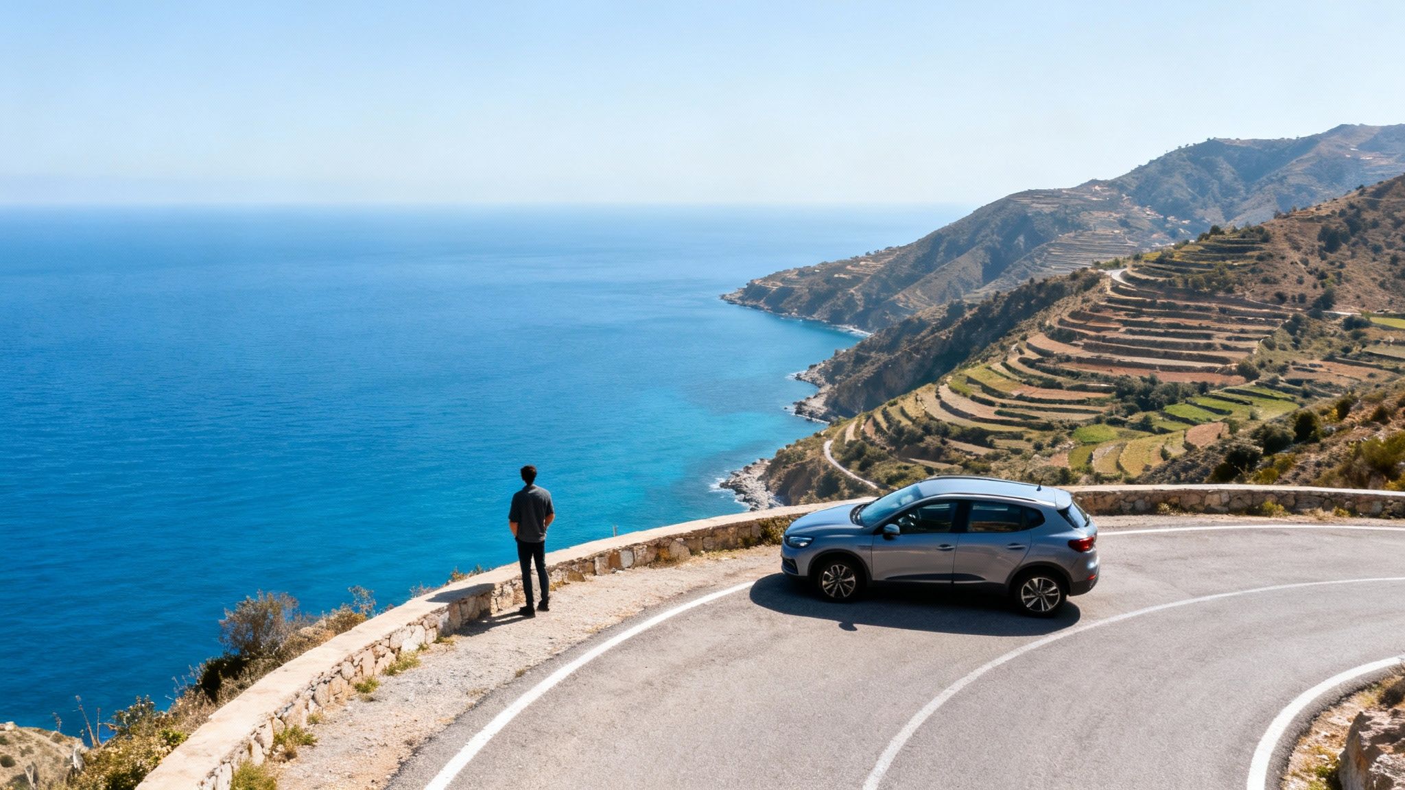 Tanger: tanger location de voiture - Guide complet pour réserver et rouler 3 Un homme contemple l'océan azur depuis une route côtière sinueuse avec une voiture garée à côté, des paysages montagneux en terrasses.