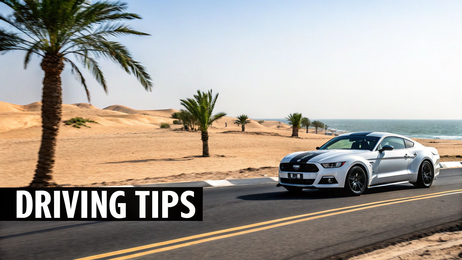 Ford Mustang driving along a Dubai road with skyscrapers in the background