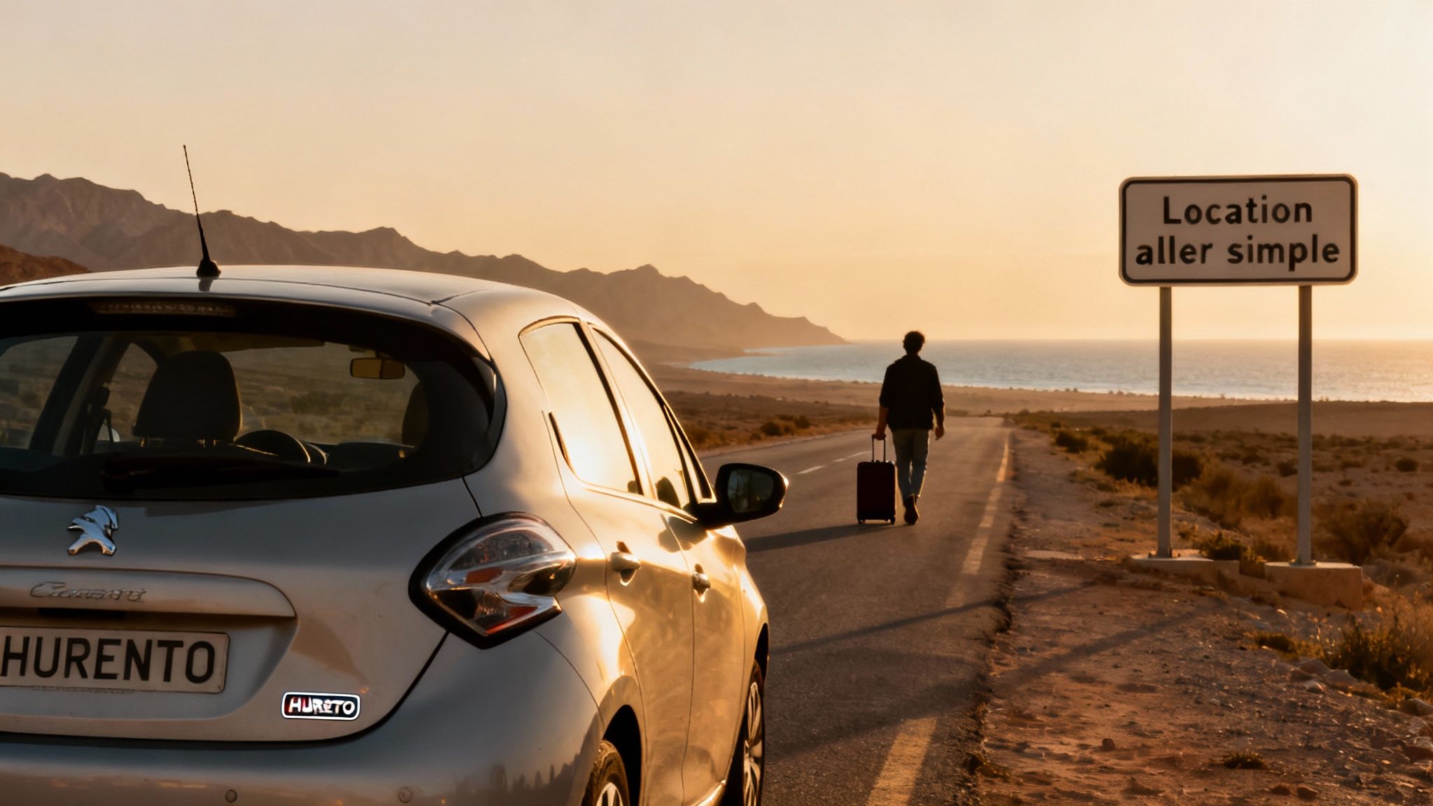 Une personne avec une valise marchant le long d'une route côtière au coucher du soleil, à côté d'une voiture et d'un panneau "Location aller simple".