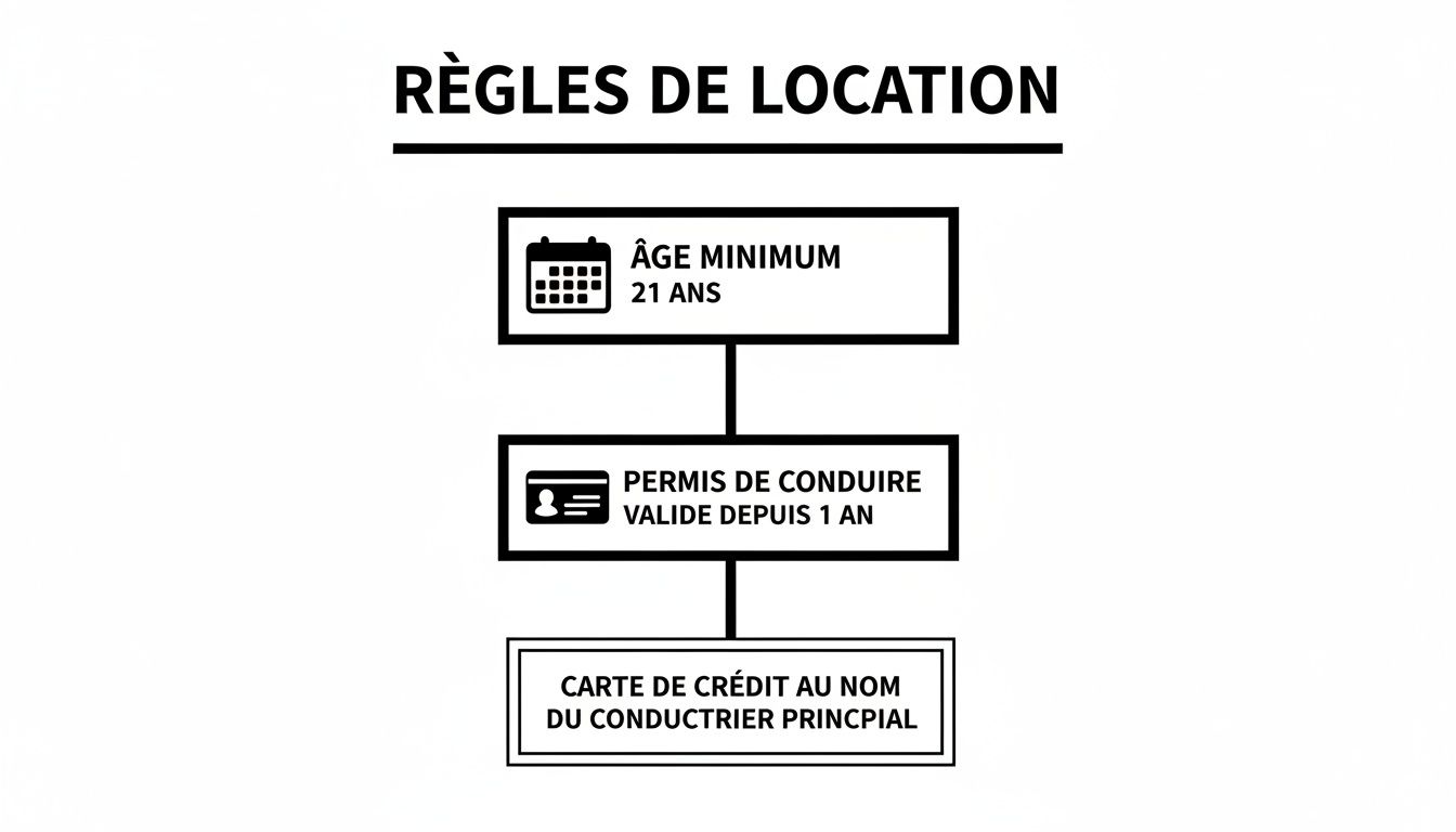 Conditions de location de voiture: âge minimum 21 ans, permis valide depuis 1 an, carte de crédit du conducteur.