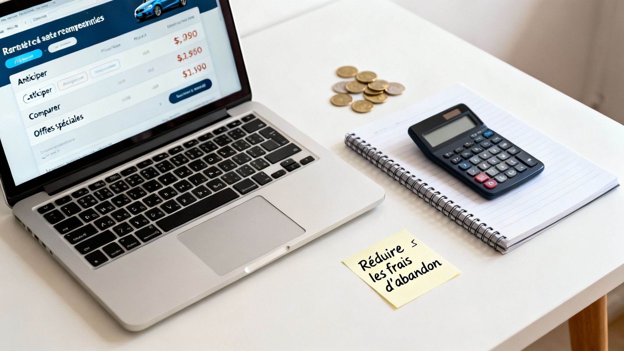 Ordinateur portable avec interface de location de voiture, calculatrice, pièces et note : 'Réduire les frais d'abandon'.