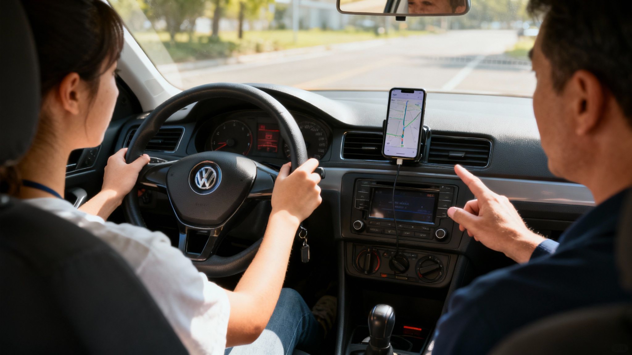 Un jeune conducteur souriant au volant d'une voiture double commande, avec son accompagnateur à côté