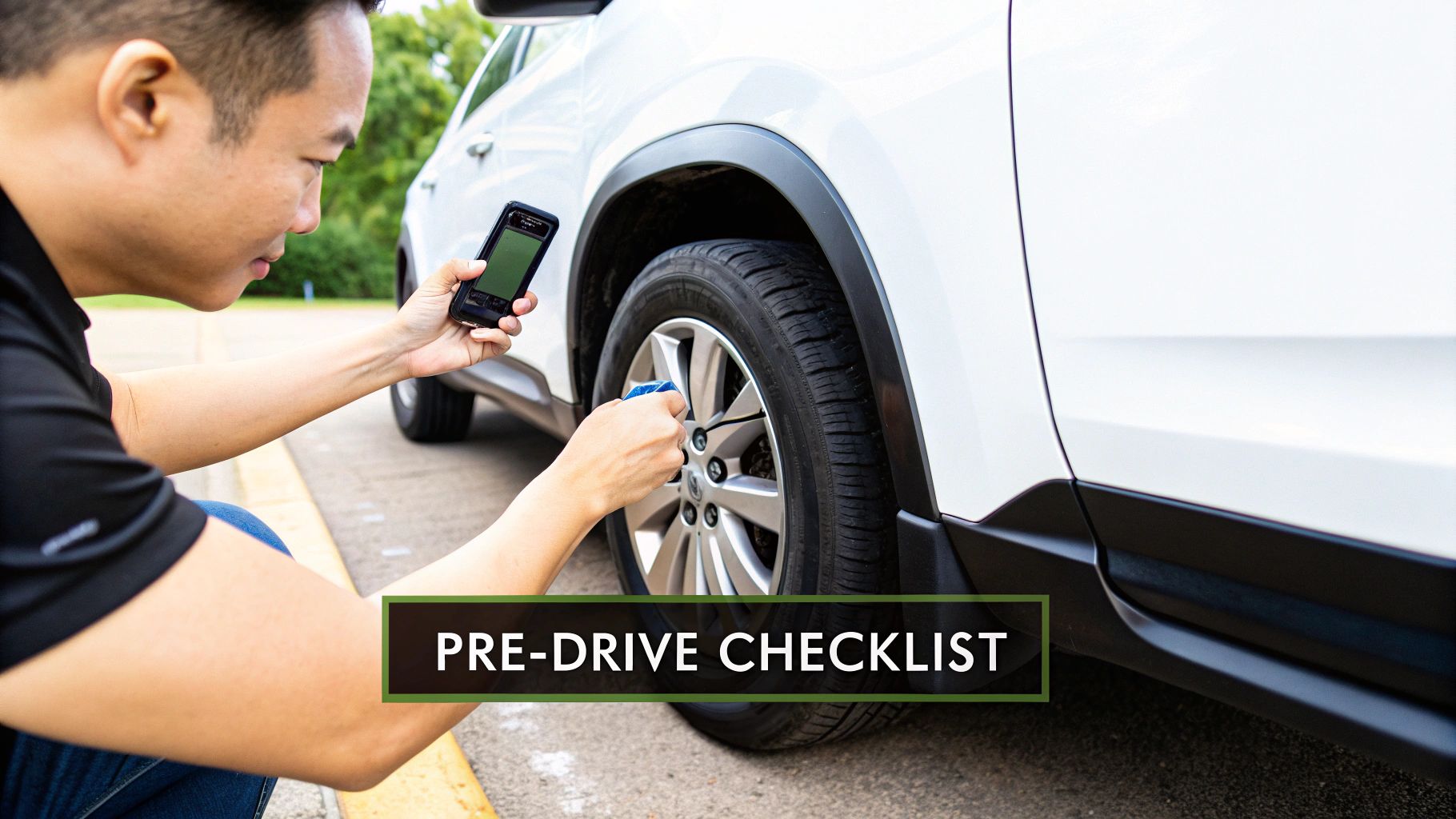 Man checking tire pressure with smartphone following pre-drive vehicle safety checklist