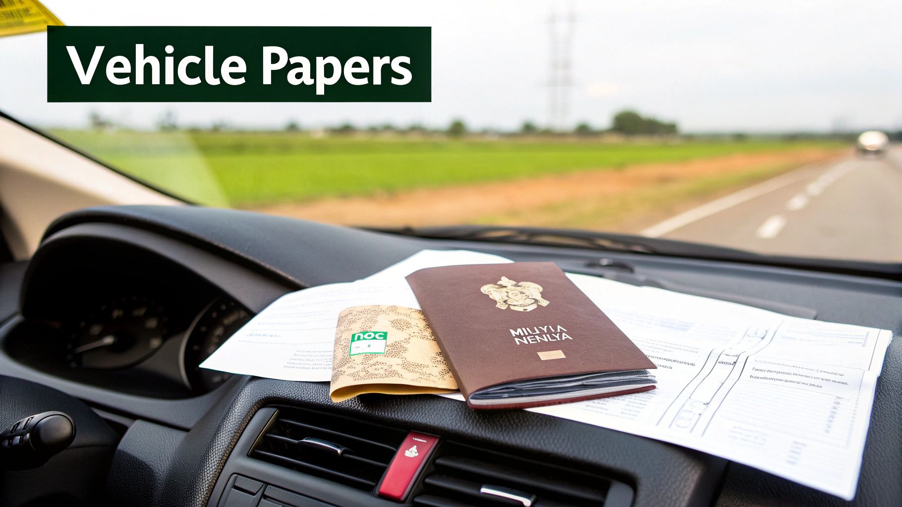 Dubai to Muscat by Road A Complete Driver's Guide 2 Vehicle papers and a brown passport resting on a car dashboard with a road ahead.