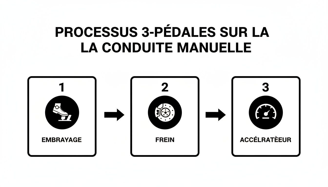 Diagramme expliquant le processus des 3 pédales (embrayage, frein, accélérateur) pour la conduite manuelle.