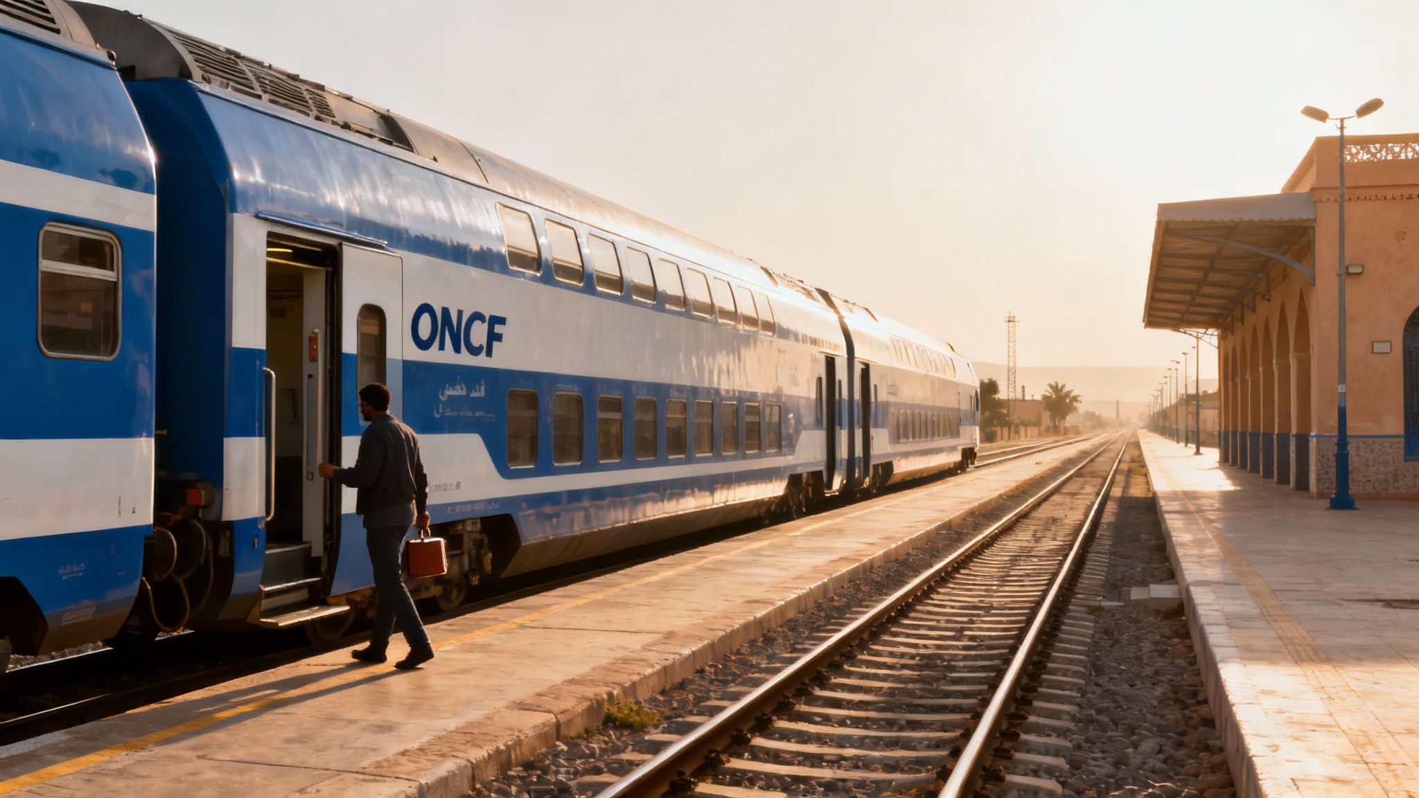 Un homme monte dans un train ONCF bleu et blanc à une gare, sous la lumière du coucher de soleil.