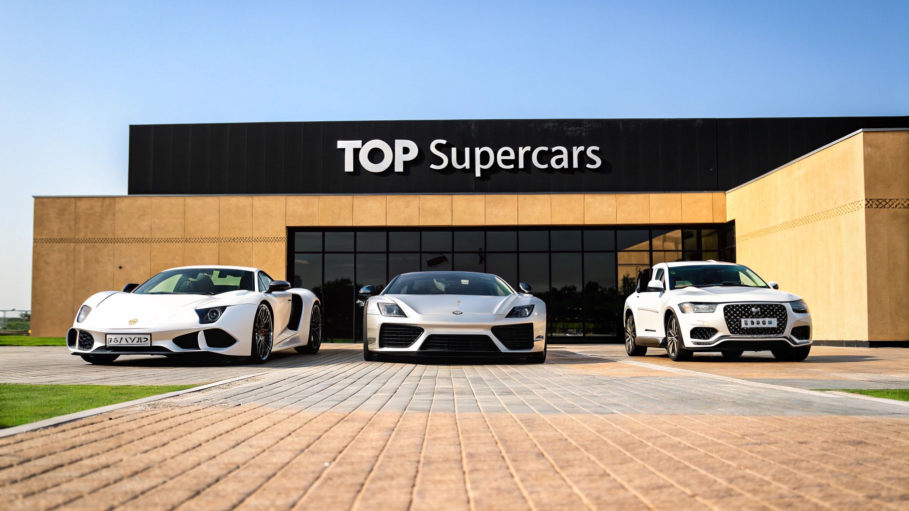 Three white luxury sports cars and an SUV parked outside the TOP Supercars dealership.