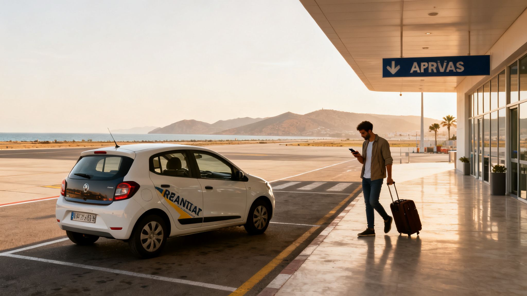 Un homme avec une valise consulte son téléphone devant un aéroport avec une voiture de location, mer et montagnes.