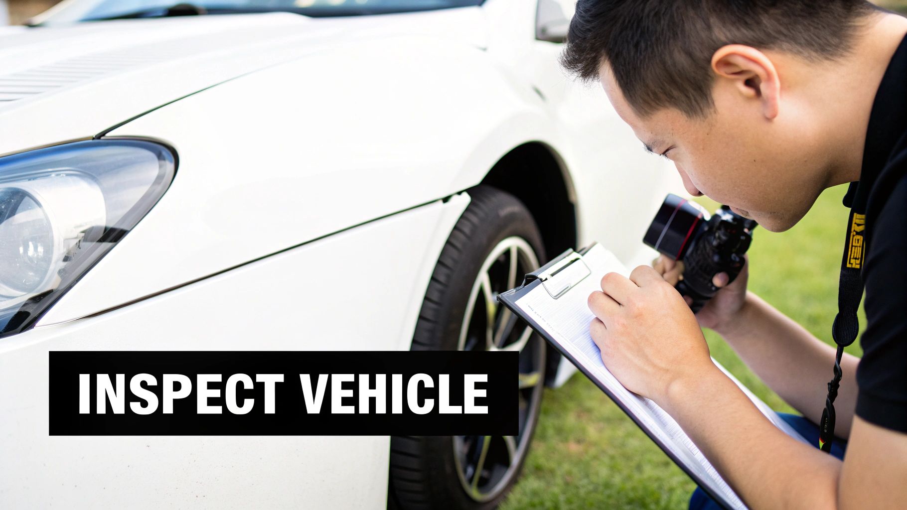 A person closely inspecting the side of a luxury sports car, checking for scratches.