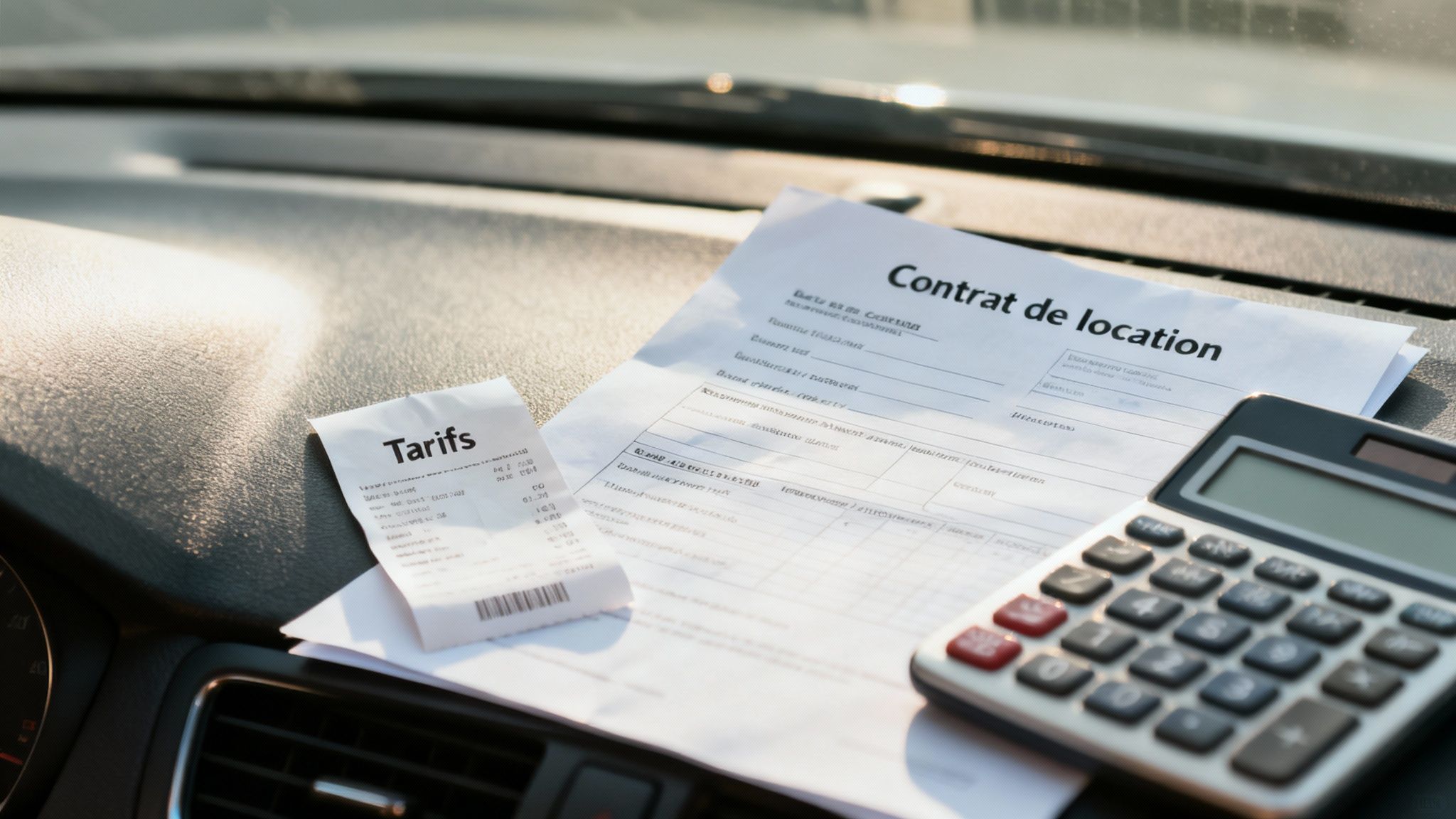 Contrat de location de voiture, reçu de tarifs et calculatrice sur le tableau de bord d'une voiture.