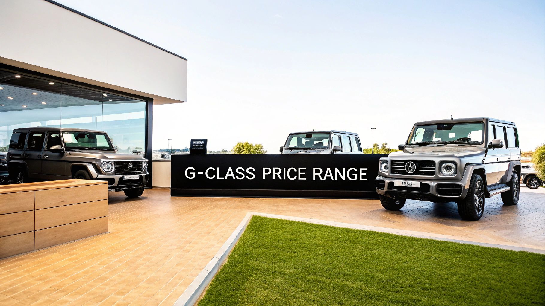 Multiple Mercedes G-Class SUVs displayed outside a modern car dealership with a 'G-CLASS PRICE RANGE' sign.