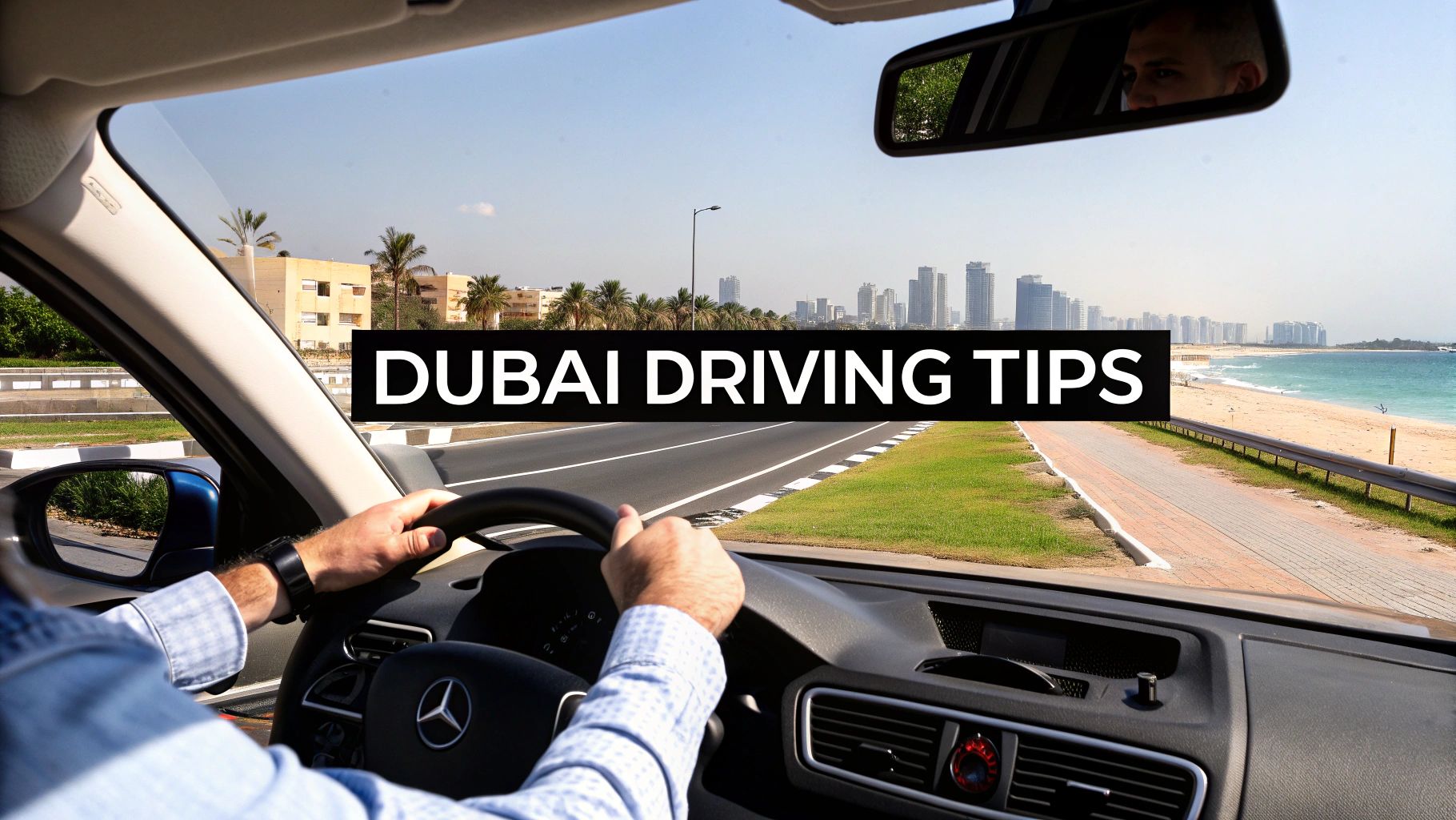 A luxury sports car driving on a scenic road in Dubai