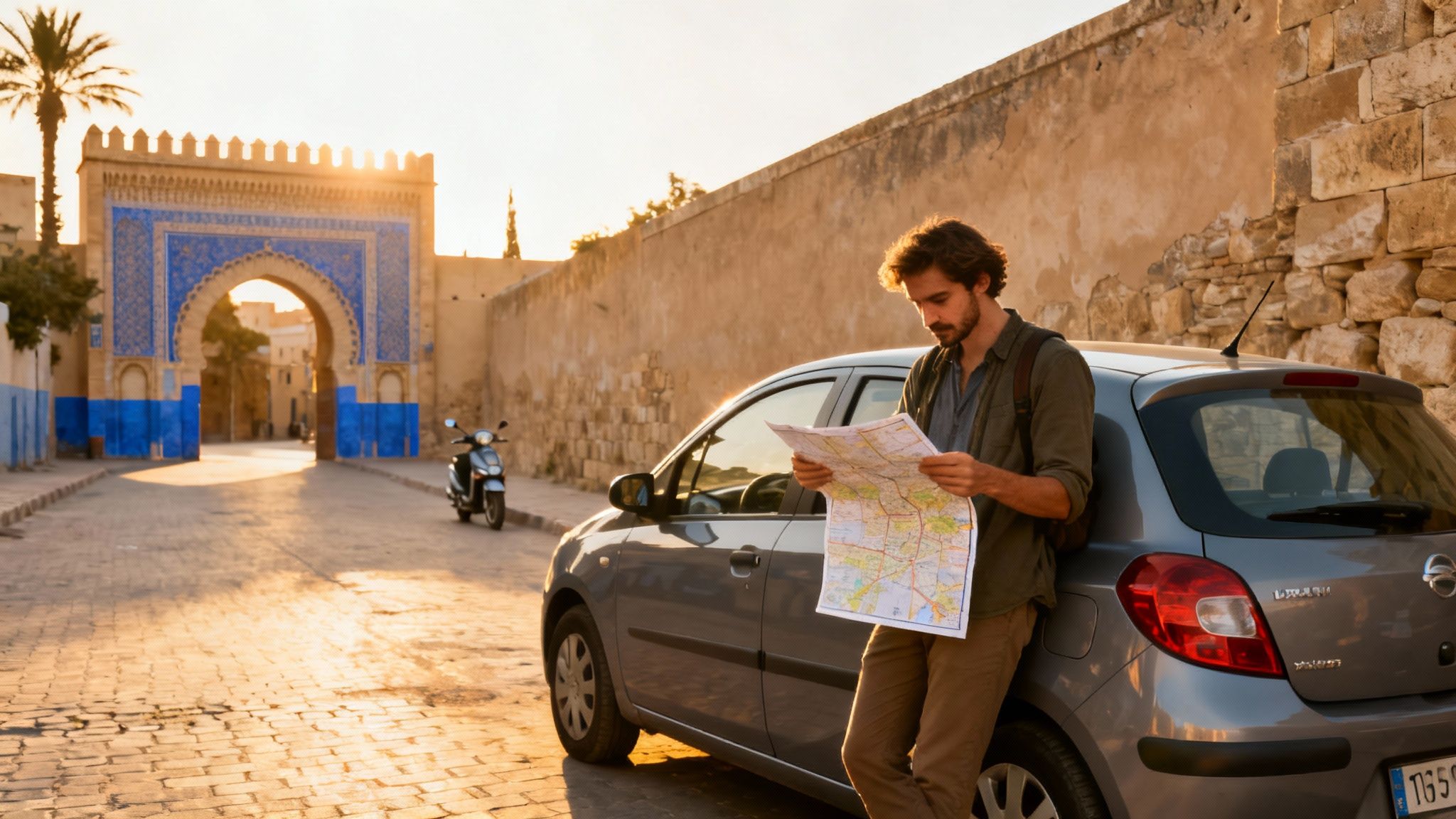 Un homme avec une carte, appuyé sur une voiture, devant une porte historique bleue au coucher du soleil à Fès.