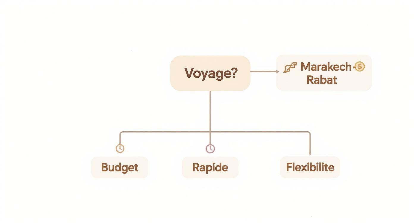 Diagramme montrant les options de voyage de Marrakech à Rabat, avec des considérations de budget, rapidité et flexibilité.