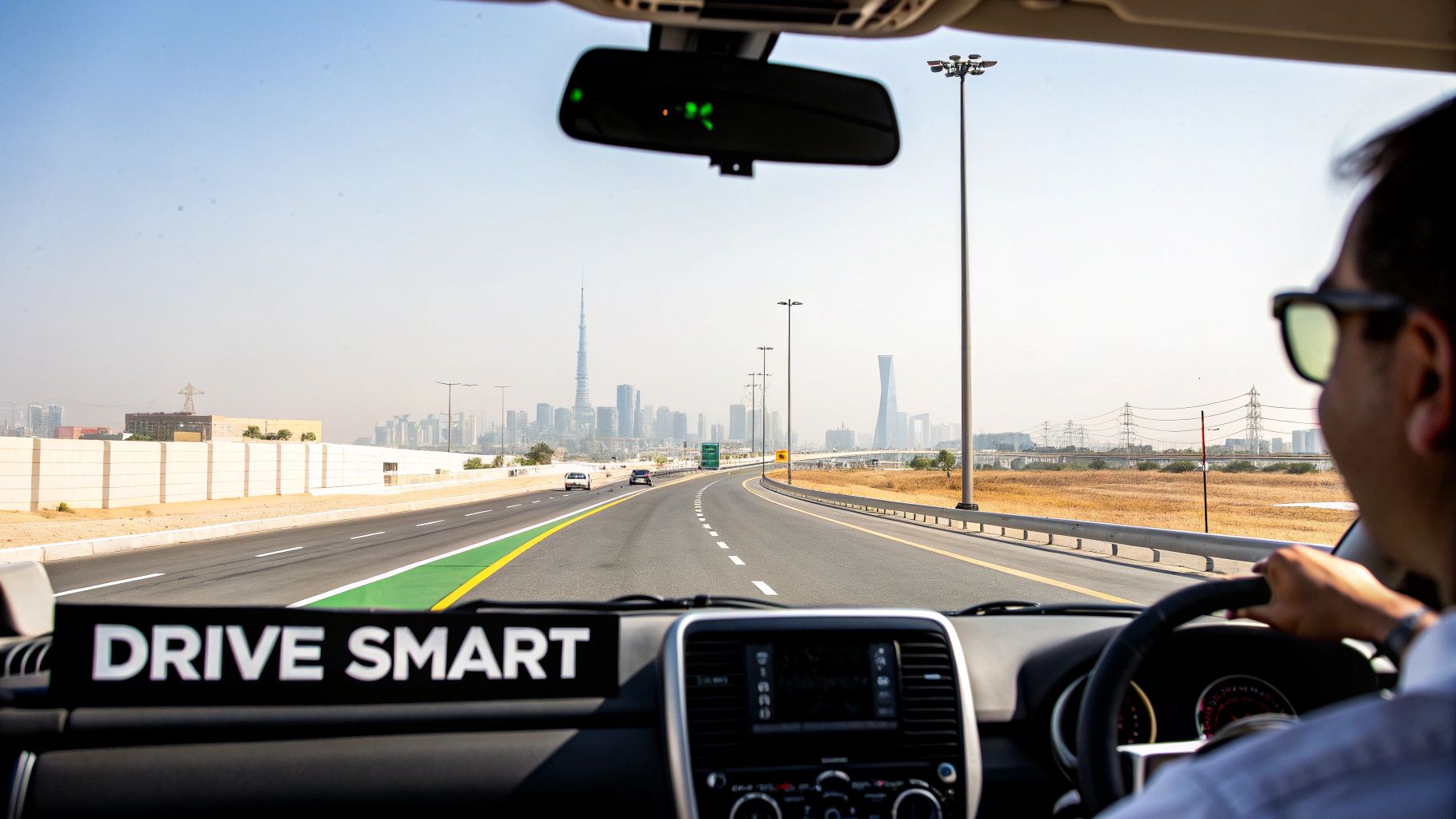 A driver on a Dubai highway with the city skyline, including Burj Khalifa, in the background.