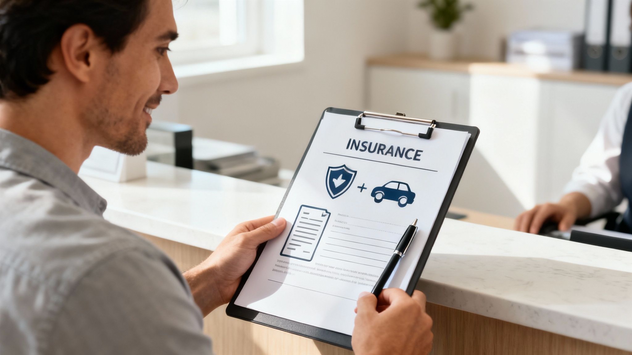 Homme consultant un document d'assurance automobile avec icônes de protection et véhicule