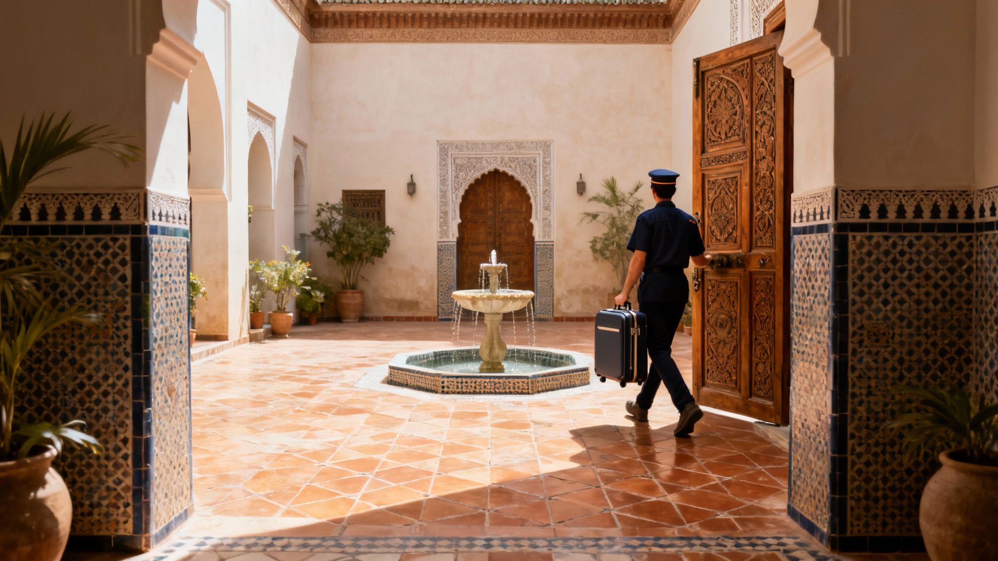 Un portier en uniforme transporte une valise dans une cour marocaine traditionnelle avec fontaine.