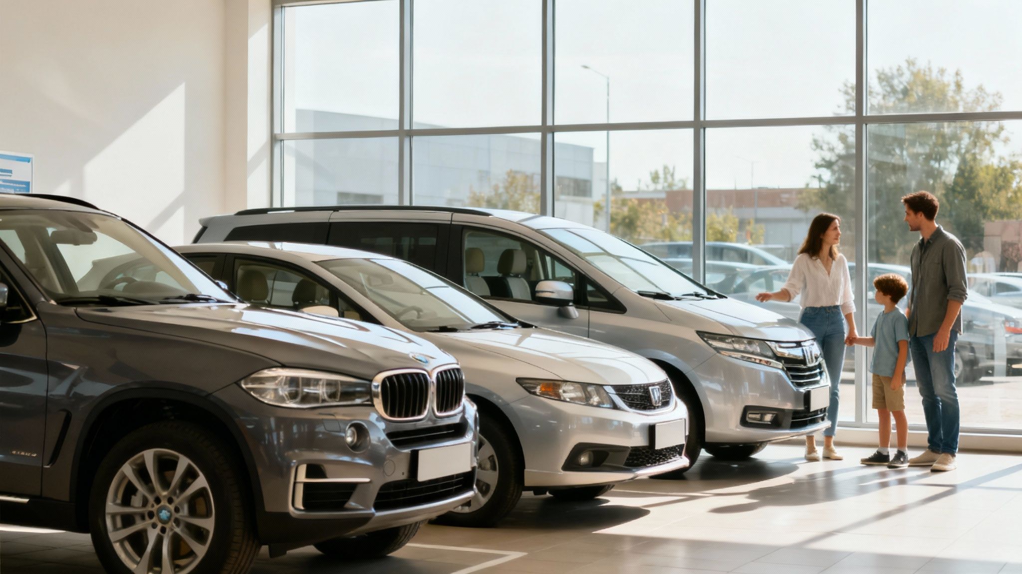 Une famille souriante devant une voiture de location spacieuse, prête pour une nouvelle aventure.
